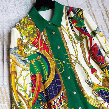 FANIECES S-3XL ropa de mujer Ретро риза със зелен принт Дамска блуза Елегантно пролетно поло с дълъг ръкав и едноредово бельо Office 6112