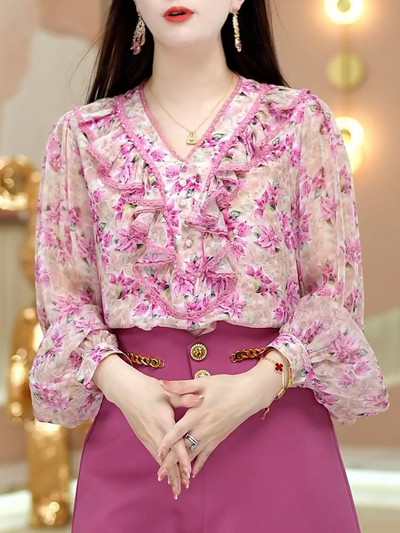 Kevadine ja sügisene naiste pulloverinööbiga Purustatud lilleline V-kaelusega laternavarrukas, vaba mood vabaaja elegantne pikkade varrukatega särk