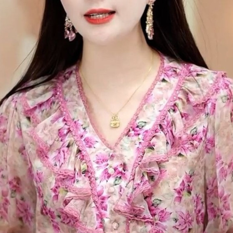 Kevadine ja sügisene naiste pulloverinööbiga Purustatud lilleline V-kaelusega laternavarrukas, vaba mood vabaaja elegantne pikkade varrukatega särk