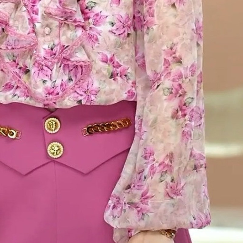 Kevadine ja sügisene naiste pulloverinööbiga Purustatud lilleline V-kaelusega laternavarrukas, vaba mood vabaaja elegantne pikkade varrukatega särk