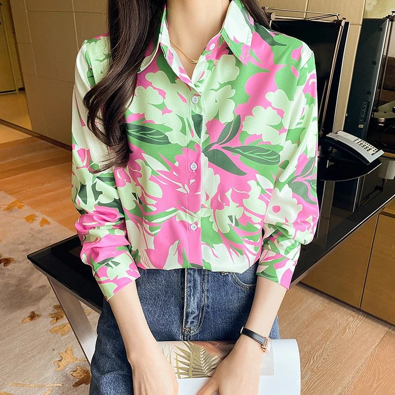 Jaunas elegantas apdrukas blūzes ikdienas ikdienas Sieviešu krekli Modes sieviešu pogām topiņi blusa mujer