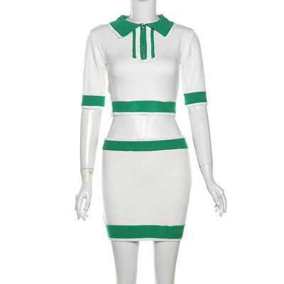 Pletena haljina Bijelo zelena Kompleti suknji od 2 komada, košulja s patentnim zatvaračem s otvorenim ovratnikom i večernje haljine s bokovima visokog struka Rođendanska odjeća