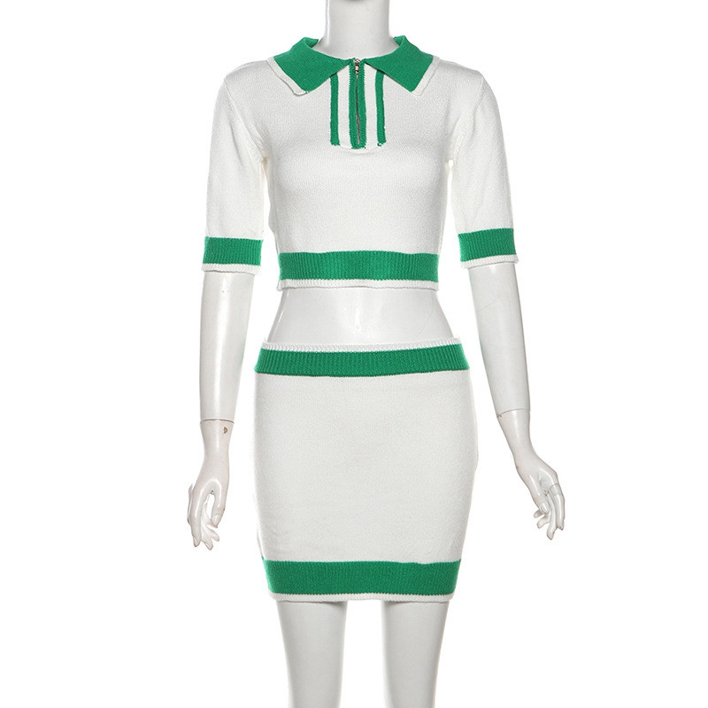 Pletena haljina Bijelo zelena Kompleti suknji od 2 komada, košulja s patentnim zatvaračem s otvorenim ovratnikom i večernje haljine s bokovima visokog struka Rođendanska odjeća
