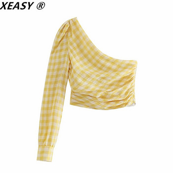 XEASY 2021 Γυναικεία Asymmetric Crop Top Σετ Ψηλόμεση Μίνι φούστες και μπλούζα Γυναικεία κίτρινη καρό σετ δύο τεμαχίων Γυναικεία φούστα