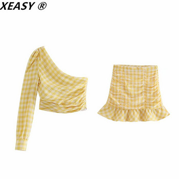 XEASY 2021 Γυναικεία Asymmetric Crop Top Σετ Ψηλόμεση Μίνι φούστες και μπλούζα Γυναικεία κίτρινη καρό σετ δύο τεμαχίων Γυναικεία φούστα