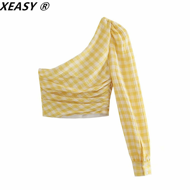 XEASY 2021 Női Aszimmetrikus Crop Top ruhakészletek Magas derekú miniszoknyák és blúzok Női Sárga kockás Kétrészes Női Szoknya