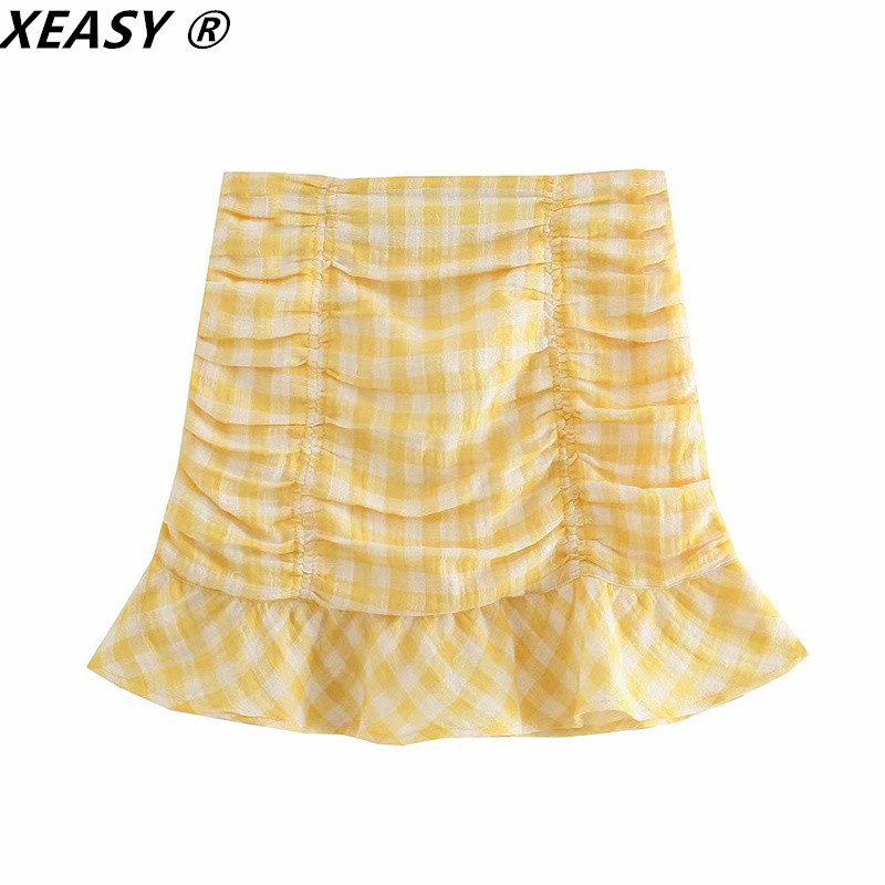 XEASY 2021 Női Aszimmetrikus Crop Top ruhakészletek Magas derekú miniszoknyák és blúzok Női Sárga kockás Kétrészes Női Szoknya