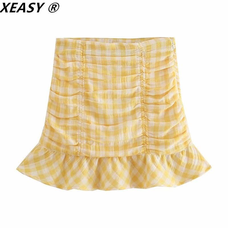 XEASY 2021 Női Aszimmetrikus Crop Top ruhakészletek Magas derekú miniszoknyák és blúzok Női Sárga kockás Kétrészes Női Szoknya