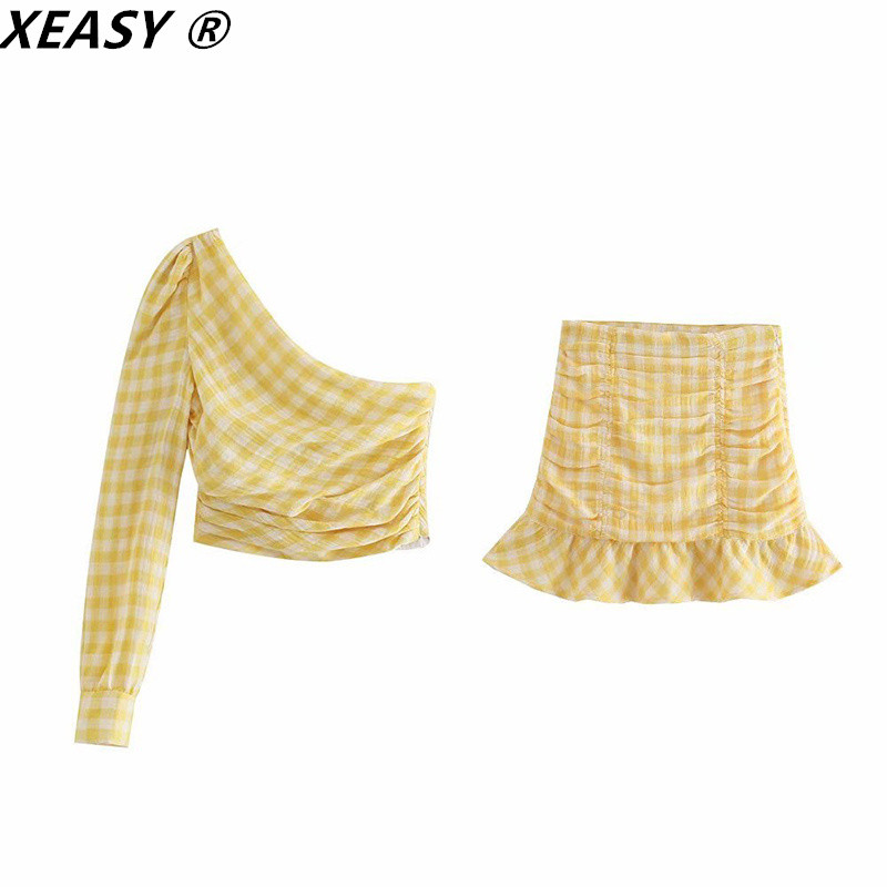 XEASY 2021 Női Aszimmetrikus Crop Top ruhakészletek Magas derekú miniszoknyák és blúzok Női Sárga kockás Kétrészes Női Szoknya