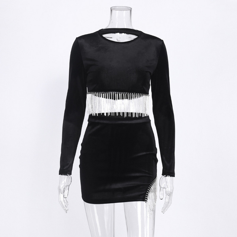 Tutt Rhinestones seelikud Naiste Seksikad tänavarõivad 2-osalised rõivad, tõmblukk, õlgade kärpimine, miniseelikud, kaheosaline komplekt kleit