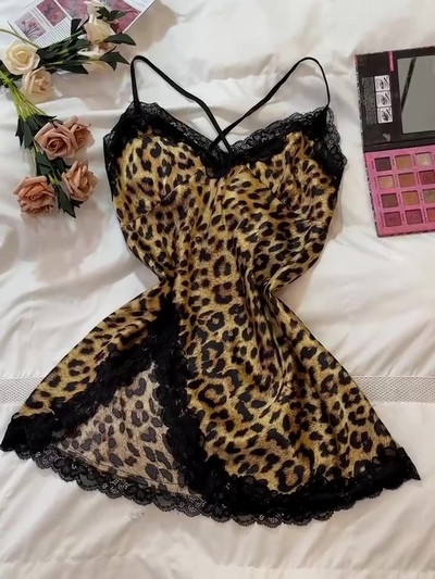 Leopardo šilko atlaso moteriški naktiniai marškiniai be rankovių, šoniniai suskirstyti nėriniuoti miegui V kaklo seksualūs naktiniai moteriški namų drabužiai Medžiaginė pižamos suknelė