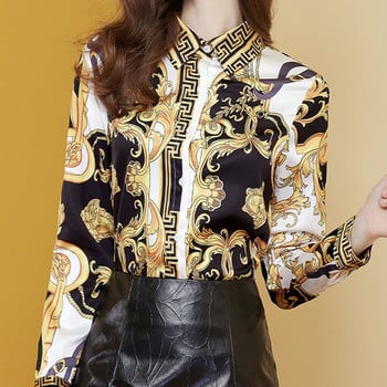 Модни щампи Дамски топове с отложна яка Пролет Есен Тънки ежедневни блузи с копчета Офис дамски дамски дрехи с дълъг ръкав