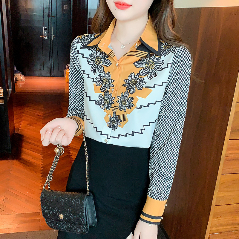 2022 tavasz nyár Női selyem blúzok Új elegáns nyomott női ingek Hosszú ujjú ingek Felsők Blusas Mujer