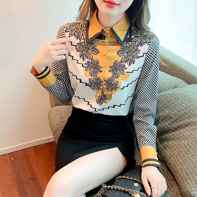 2022 tavasz nyár Női selyem blúzok Új elegáns nyomott női ingek Hosszú ujjú ingek Felsők Blusas Mujer