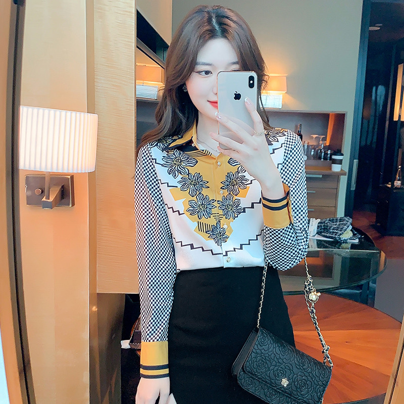 2022 tavasz nyár Női selyem blúzok Új elegáns nyomott női ingek Hosszú ujjú ingek Felsők Blusas Mujer