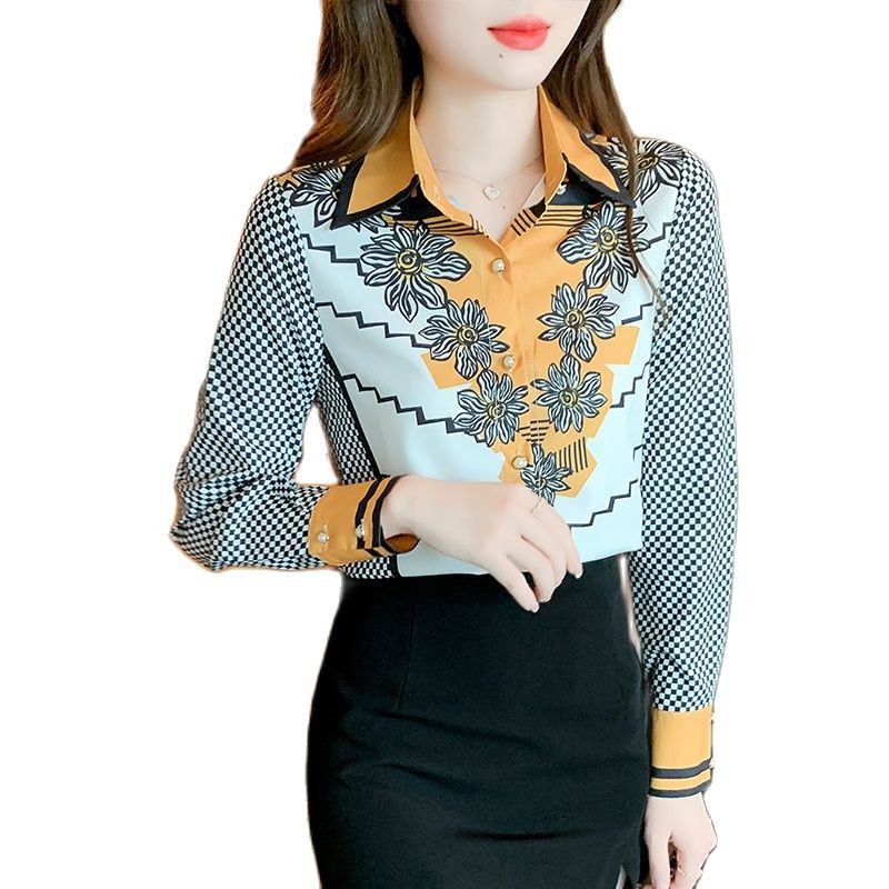 2022 tavasz nyár Női selyem blúzok Új elegáns nyomott női ingek Hosszú ujjú ingek Felsők Blusas Mujer
