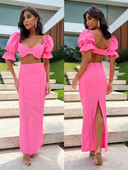 Masīvs sieviešu divdaļīgs svārku komplekts kvadrātveida apkakles princese ar piedurknēm, tievs, spilgtas līnijas apdares tērps, jauns vakara ballītes komplekts