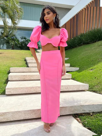 Masīvs sieviešu divdaļīgs svārku komplekts kvadrātveida apkakles princese ar piedurknēm, tievs, spilgtas līnijas apdares tērps, jauns vakara ballītes komplekts