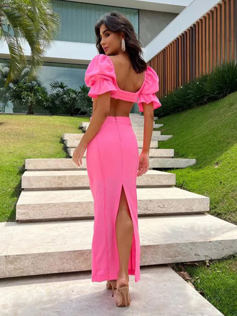 Masīvs sieviešu divdaļīgs svārku komplekts kvadrātveida apkakles princese ar piedurknēm, tievs, spilgtas līnijas apdares tērps, jauns vakara ballītes komplekts