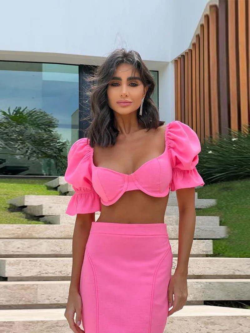 Masīvs sieviešu divdaļīgs svārku komplekts kvadrātveida apkakles princese ar piedurknēm, tievs, spilgtas līnijas apdares tērps, jauns vakara ballītes komplekts