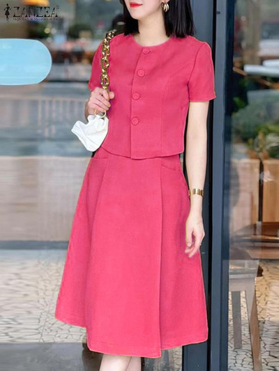 Suvised kontorikleidid ZANZEA naiste massiivsed seelikukomplektid Elegantsed lühikeste varrukatega topid Plisseeritud lühike seelik vabaaja nööpidega 2 tk ülikond