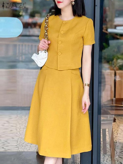 Suvised kontorikleidid ZANZEA naiste massiivsed seelikukomplektid Elegantsed lühikeste varrukatega topid Plisseeritud lühike seelik vabaaja nööpidega 2 tk ülikond