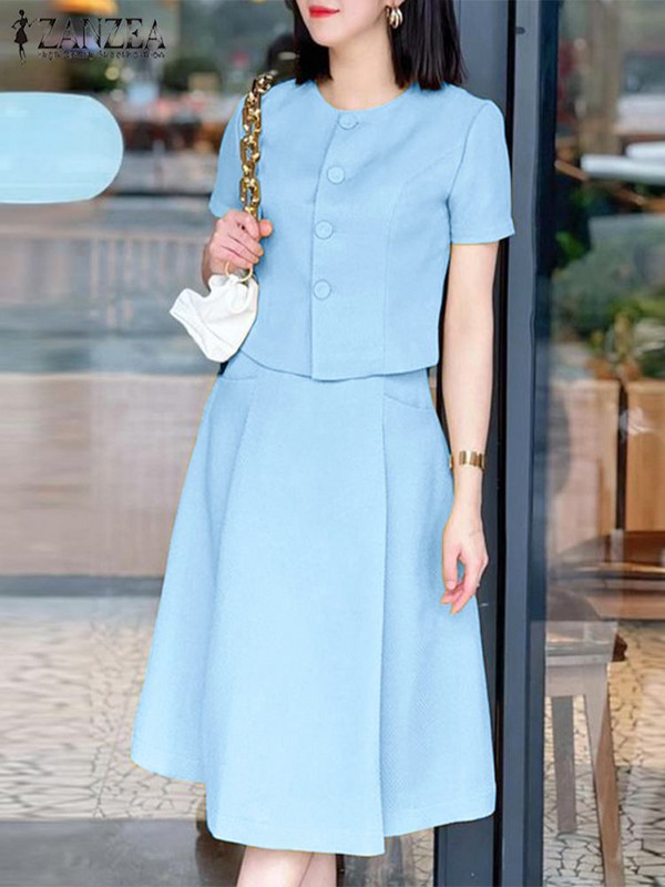 Suvised kontorikleidid ZANZEA naiste massiivsed seelikukomplektid Elegantsed lühikeste varrukatega topid Plisseeritud lühike seelik vabaaja nööpidega 2 tk ülikond