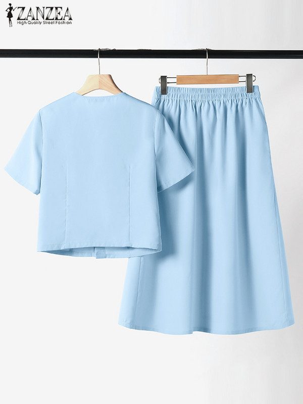 Suvised kontorikleidid ZANZEA naiste massiivsed seelikukomplektid Elegantsed lühikeste varrukatega topid Plisseeritud lühike seelik vabaaja nööpidega 2 tk ülikond