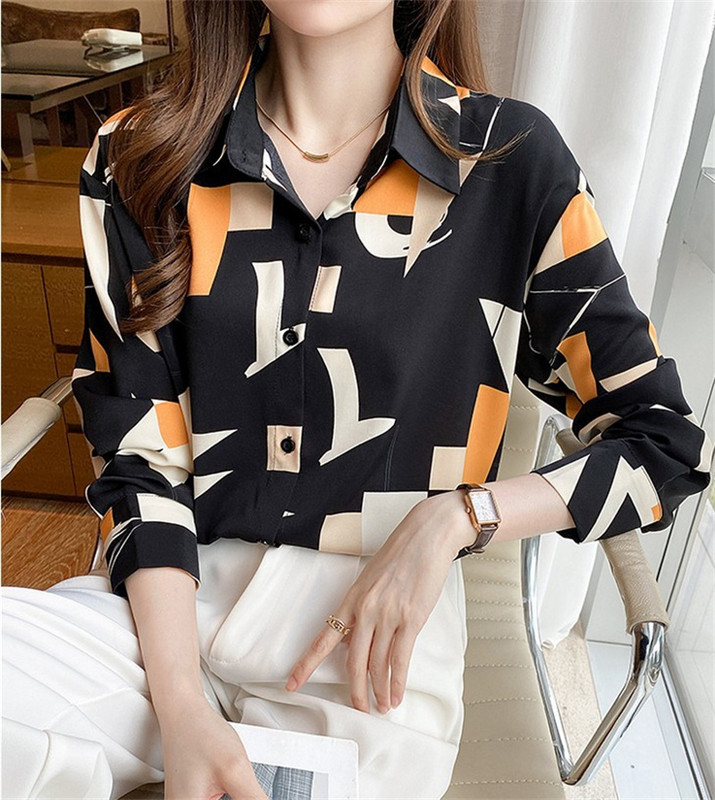 Camisas Y Blusas Femininas Bonitas Vintage Print pikkade varrukatega vabaaja särgid Naiste Fit Basic Pluussärk Elegantne nööbiga alla topsid