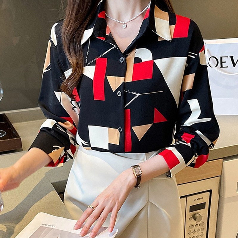 Camisas Y Blusas Femininas Bonitas Vintage Print pikkade varrukatega vabaaja särgid Naiste Fit Basic Pluussärk Elegantne nööbiga alla topsid