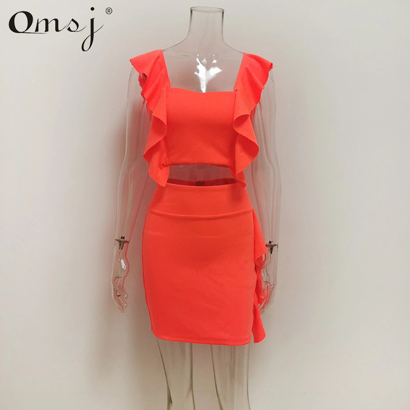 OMSJ 2024 neon rózsaszín zöld narancssárga fodros ruha nyári alkalmi ruha kétrészes vágott felső mini ruha divatos éjszakai klub ruha szett