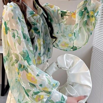 2024 Ново пристигане Летни дамски корейски стил Свободни ежедневни флорални блузи с V-образно деколте Модни едноредни ризи с дълъг ръкав V992