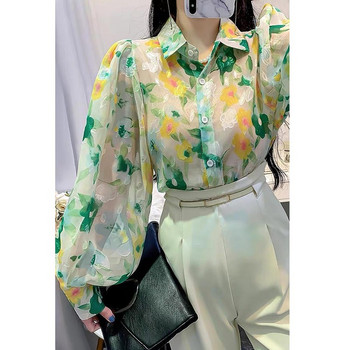 2024 Ново пристигане Летни дамски корейски стил Свободни ежедневни флорални блузи с V-образно деколте Модни едноредни ризи с дълъг ръкав V992