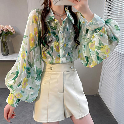 2024. gada vasaras jaunums Sieviešu korejiešu stila brīvi pieguļoši, ikdienišķa blūze ar ziediem ar V veida kakla izgriezumu Modes krekli ar garām piedurknēm ar vienrindu V992