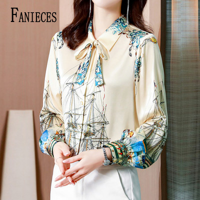 FANIECES camisa Runway Luxury Aprikožu ziedu apdrukas krekli blusas mujer Sieviešu garām piedurknēm Eleganta OL Darba apģērba Topi Kreklblūze