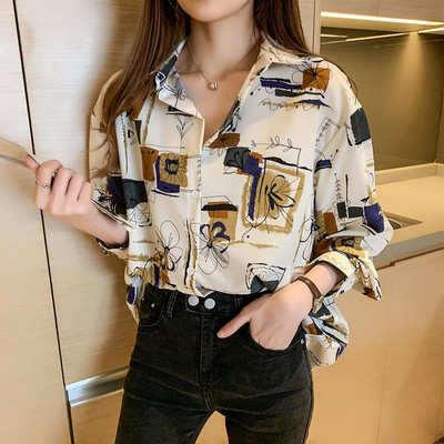 Tavaszi ősz, új koreai stílus, trendnyomtatási gombok, hosszú ujjú sifon ing, női elegáns divat, blúz felső női
