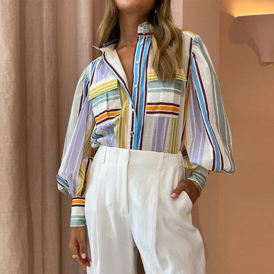 Új női ing stílusú elegáns póló nyakú, hosszú ujjú divatmintás színes festés alkalmi laza női hosszú ujjú felsők