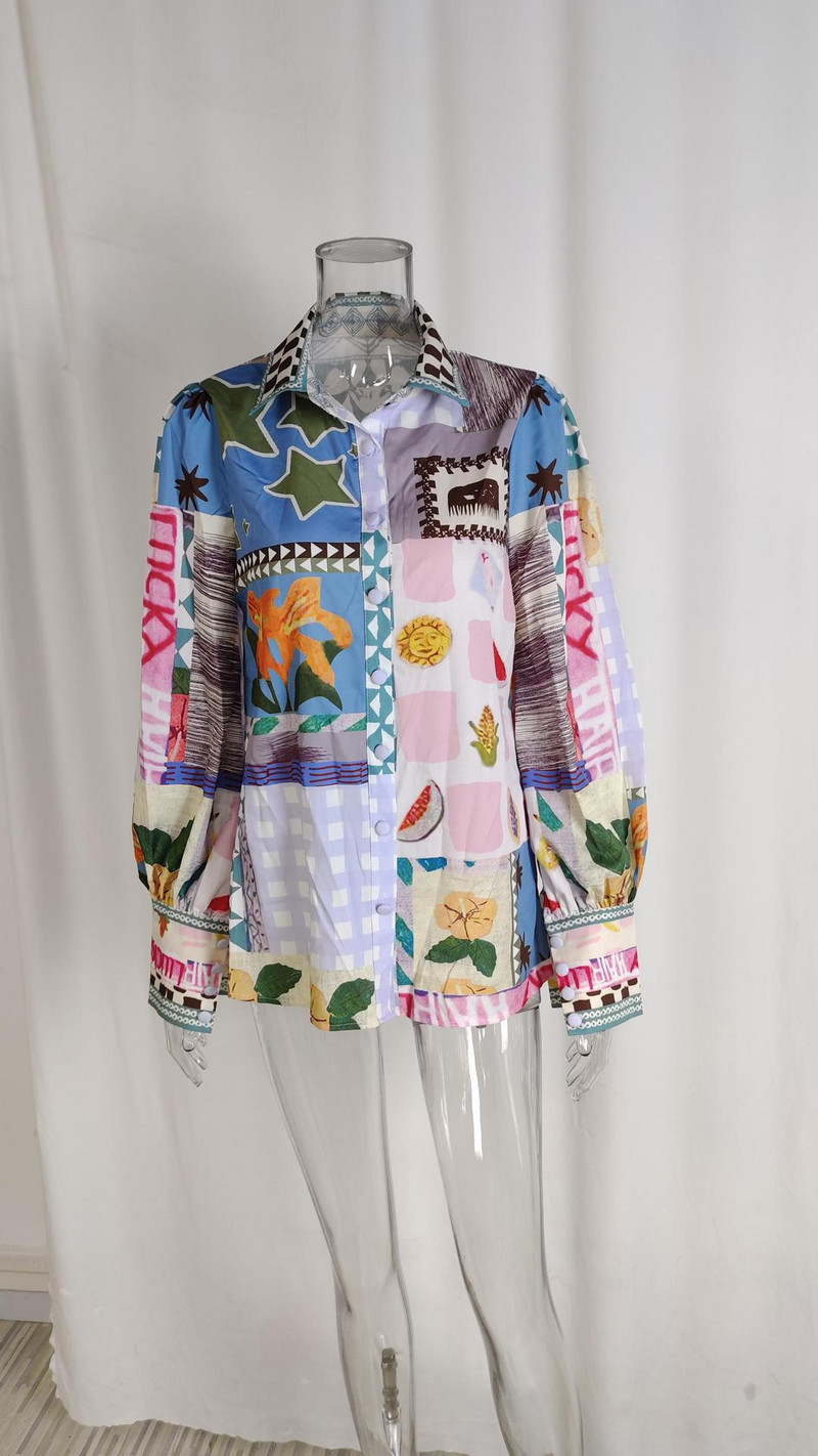 Új női ing stílusú elegáns póló nyakú, hosszú ujjú divatmintás színes festés alkalmi laza női hosszú ujjú felsők