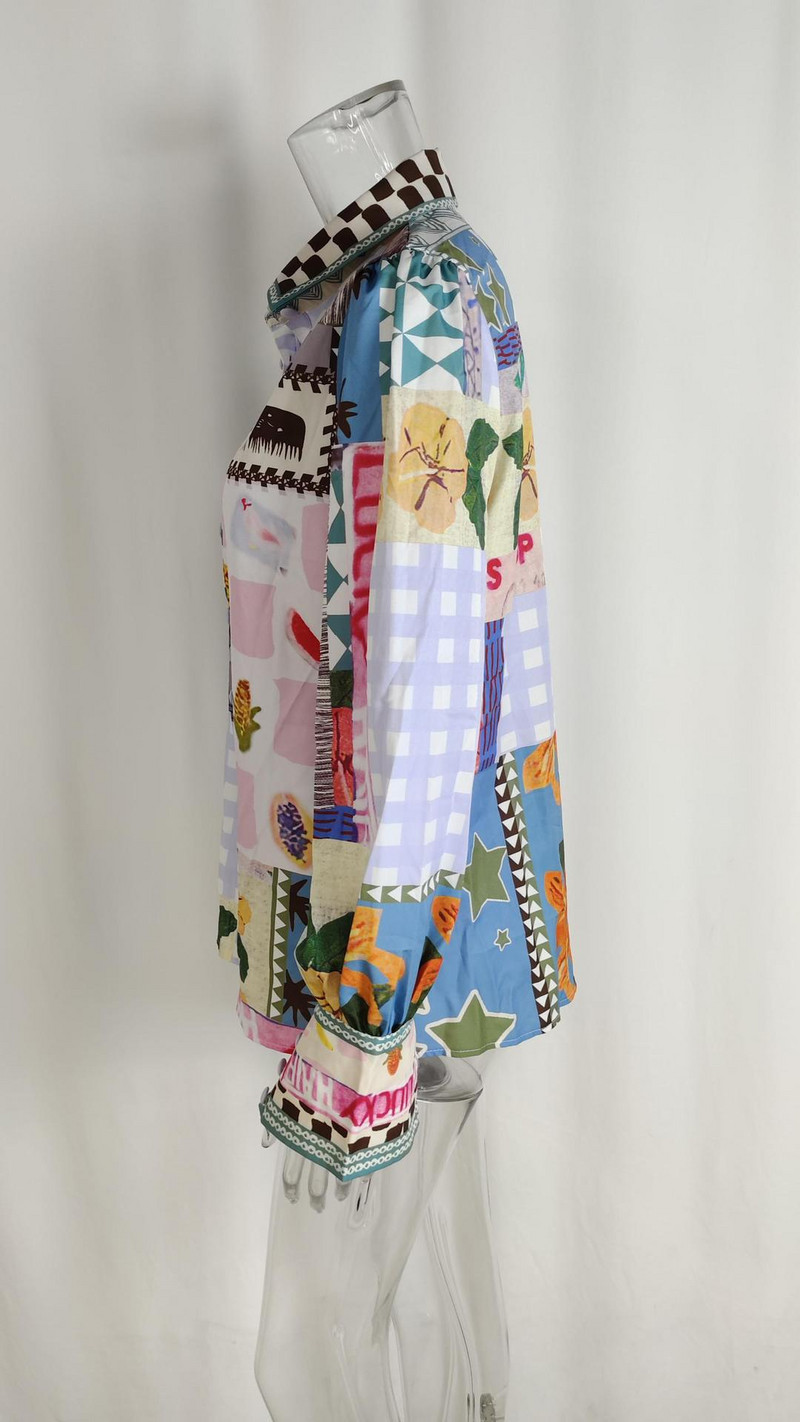 Új női ing stílusú elegáns póló nyakú, hosszú ujjú divatmintás színes festés alkalmi laza női hosszú ujjú felsők