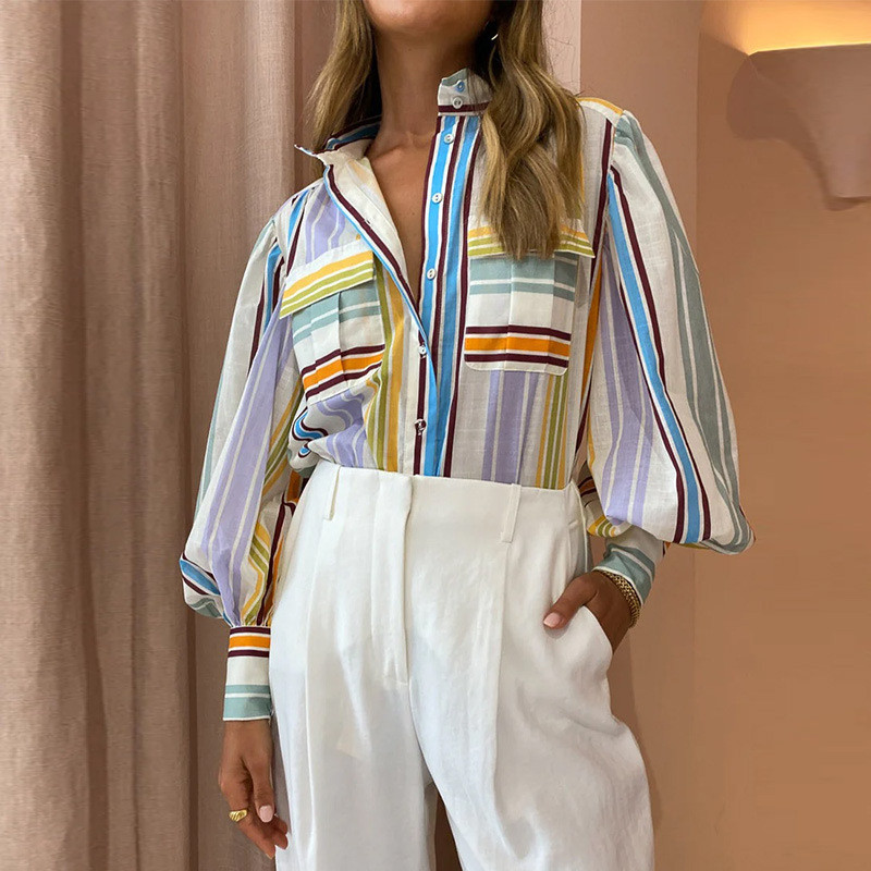 Új női ing stílusú elegáns póló nyakú, hosszú ujjú divatmintás színes festés alkalmi laza női hosszú ujjú felsők