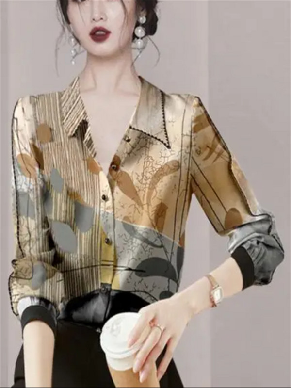 Tide Retro blúzok Női ing Elegáns nyomtatott ing póló nyakú hosszú ujjú női ruhák ing kardigán gombos bő női ing