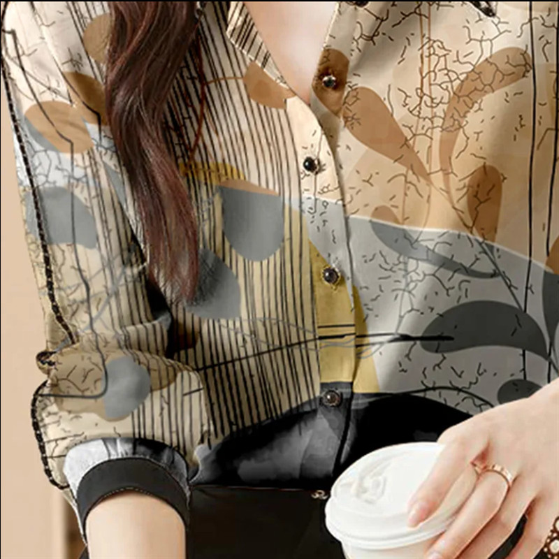 Tide Retro blúzok Női ing Elegáns nyomtatott ing póló nyakú hosszú ujjú női ruhák ing kardigán gombos bő női ing