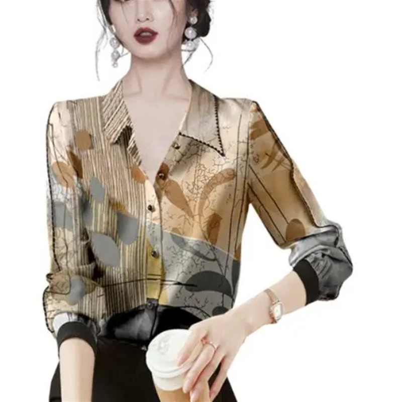 Tide Retro blúzok Női ing Elegáns nyomtatott ing póló nyakú hosszú ujjú női ruhák ing kardigán gombos bő női ing