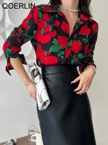 QOERLIN Черна блуза с щампи Дамски едноредни ризи с флорални рози и дълги ръкави Модни горнища Дамско работно облекло
