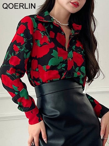 QOERLIN Черна блуза с щампи Дамски едноредни ризи с флорални рози и дълги ръкави Модни горнища Дамско работно облекло