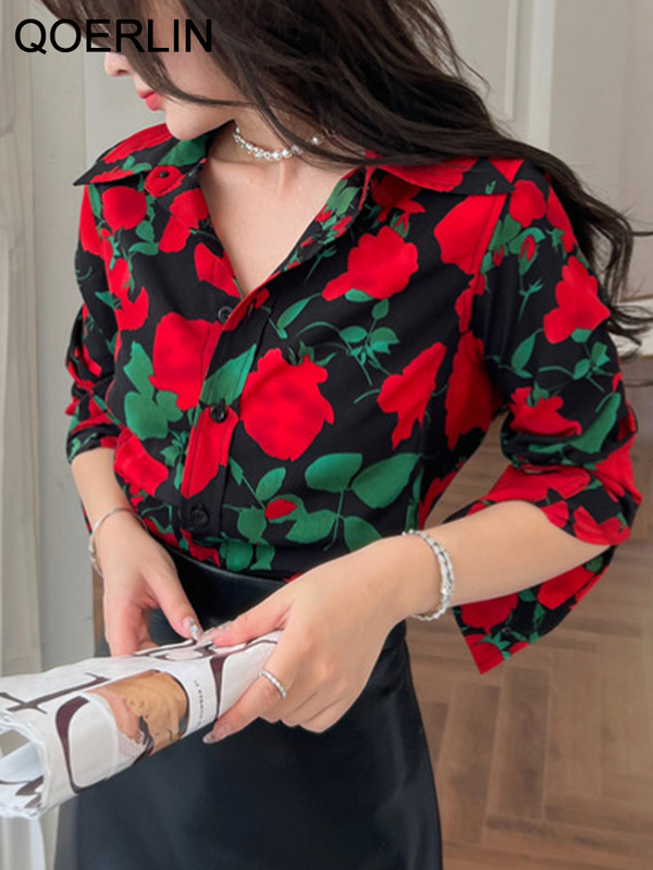 QOERLIN Bluză neagră cu imprimeu pentru femei, guler răsturnat, cămăși cu flori trandafiri, cu mâneci lungi, topuri de modă, îmbrăcăminte de lucru pentru femei
