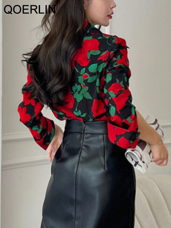 QOERLIN Bluză neagră cu imprimeu pentru femei, guler răsturnat, cămăși cu flori trandafiri, cu mâneci lungi, topuri de modă, îmbrăcăminte de lucru pentru femei