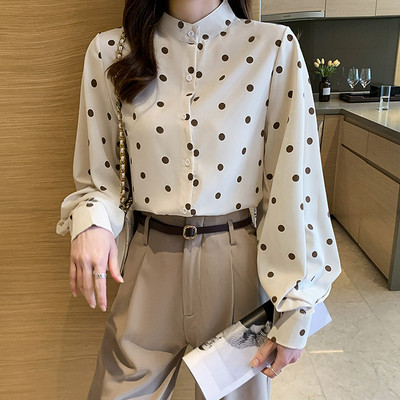 Vintage Lantern Sleeve női ingek Női blúz Tavaszi őszi egysoros felsők Blusas Mujer