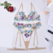 Új női szexi nehézipari hímzésű négyrészes fehérnemű szett lábgyűrűkkel Érzéki fehérnemű női szett szexi hálóruha