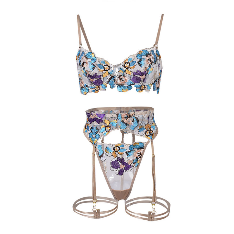 Új női szexi nehézipari hímzésű négyrészes fehérnemű szett lábgyűrűkkel Érzéki fehérnemű női szett szexi hálóruha